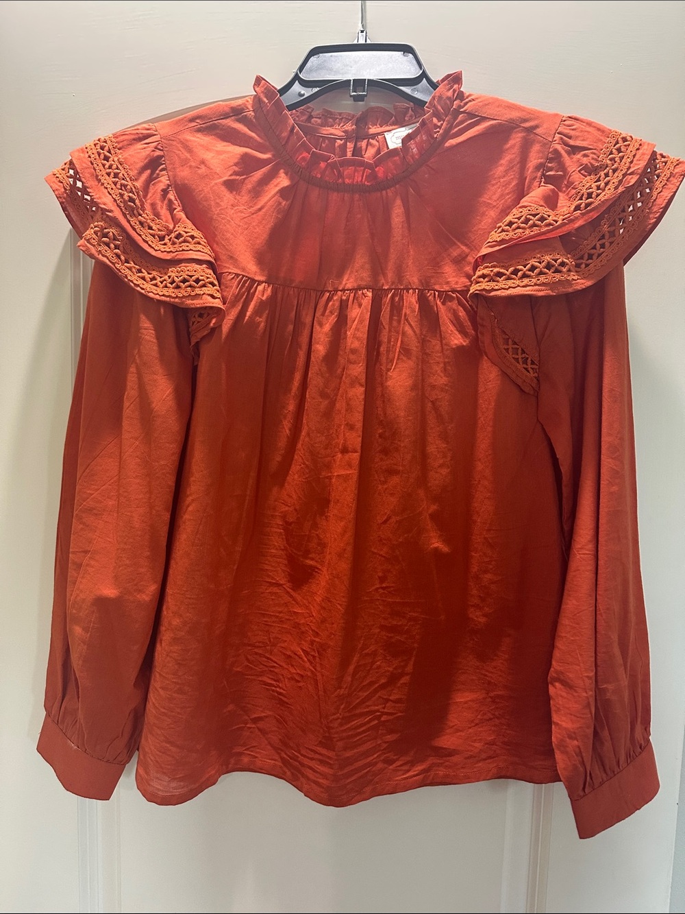Mud Pie Rust Long-Sleeve Ruffle Yoke Blouse